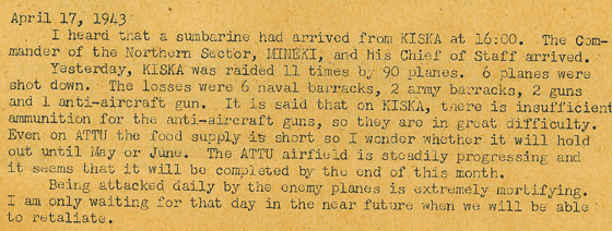 An excerpt from a translated Japanese diary captured on Attu