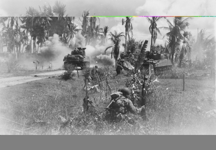 40th inf div 185th inf regt m4 sherman and troops panay island philippines  031845  (1 of 1)