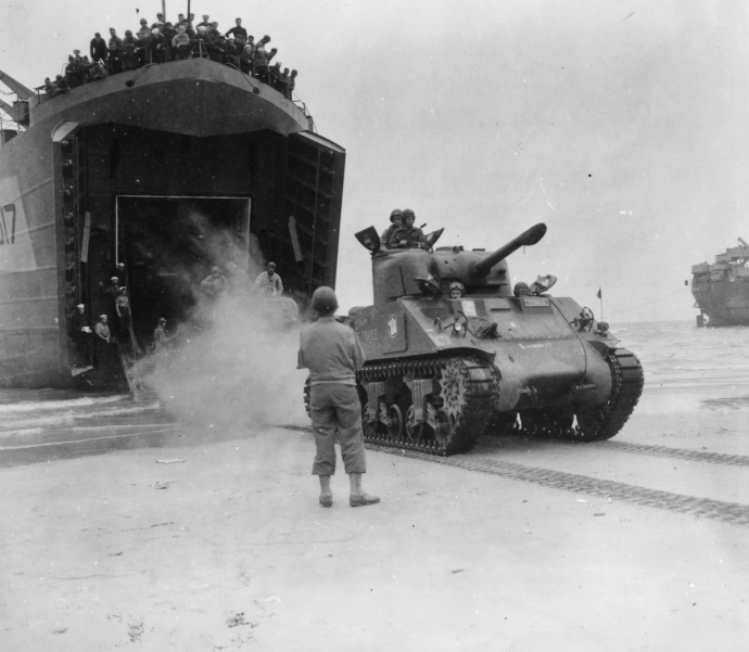 The 2nd Free French Armored Division comes ashore at Utah Beach.