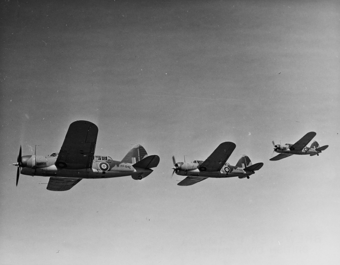 A formation of Brewster Bermuda dive bombers on a training flight. The aircraft never saw widespread service as a result of its mediocre performance.