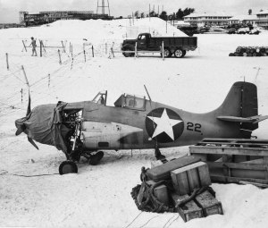 One of the surviving F4F-3 Wildcats at Midway, seen after the battle.