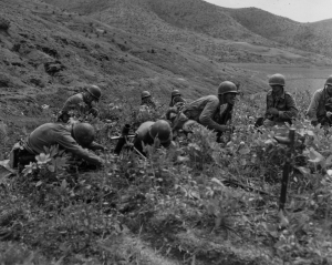 A 60mm mortar platoon engaged along the Naktong, September 3, 1950.