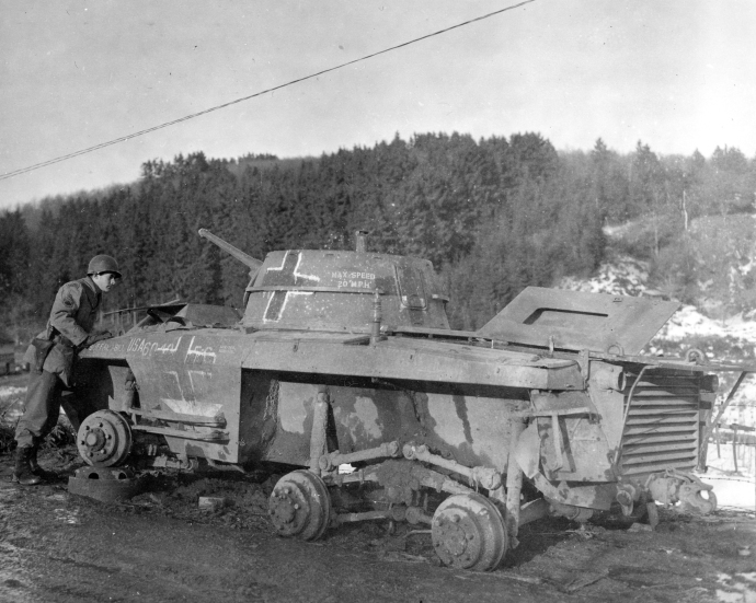 German Employed Captured M8 Greyhound Armored Car Knocked Out at St Vith Belgium Bulge Seen 020345 (1 of 1)
